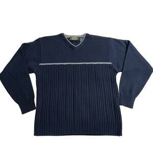 Vintage White Out Mens Knit Sweater Pullover V Neck Long Sleeves Blue Gray Large